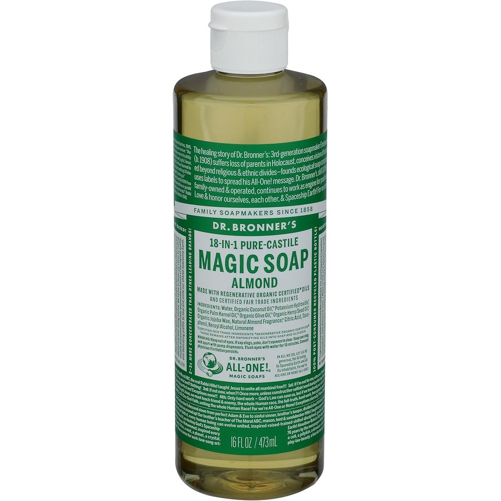 Dr. Bronner's 18-in-1 Hemp Almond Pure-Castile Liquid Soap front view bottle for organic body care