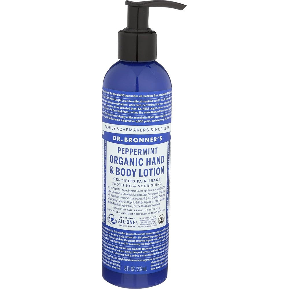 Dr. Bronner's Organic Peppermint Hand and Body Lotion front view pump bottle moisturizer
