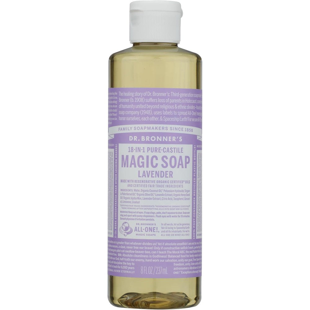 Dr. Bronner's Lavender Pure-Castile Liquid Soap 8 Ounce front view showing authentic packaging.