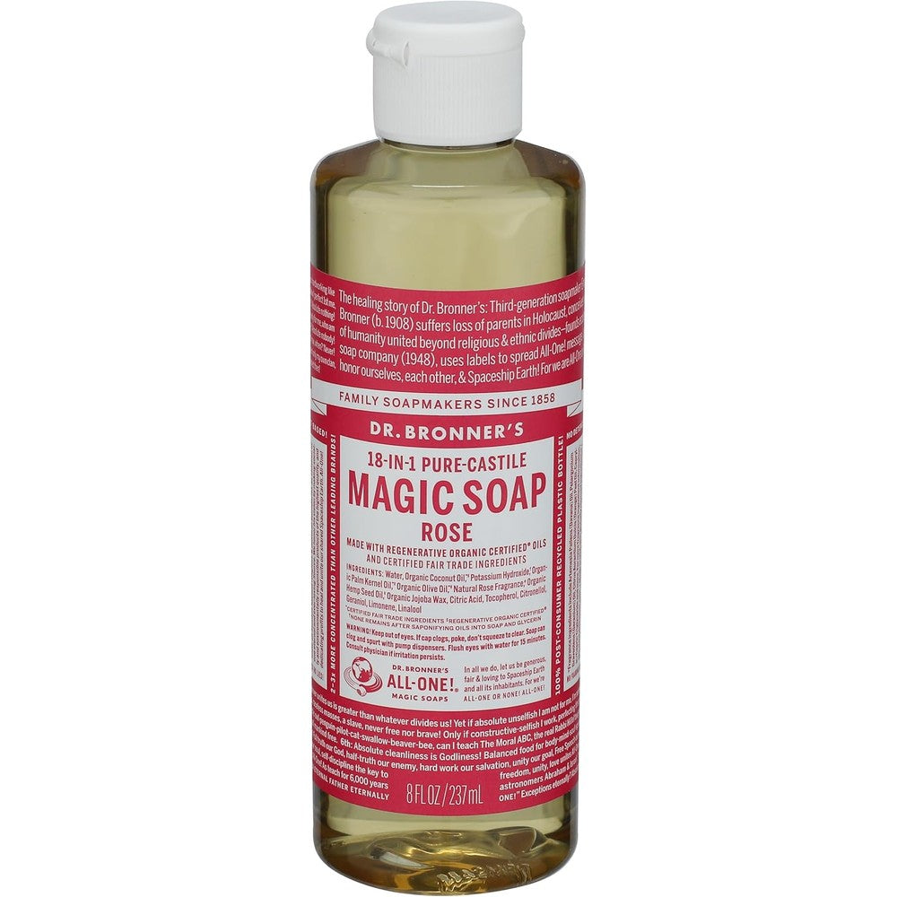 Dr. Bronner's Rose Castile Soap eight fluid ounce bottle front view