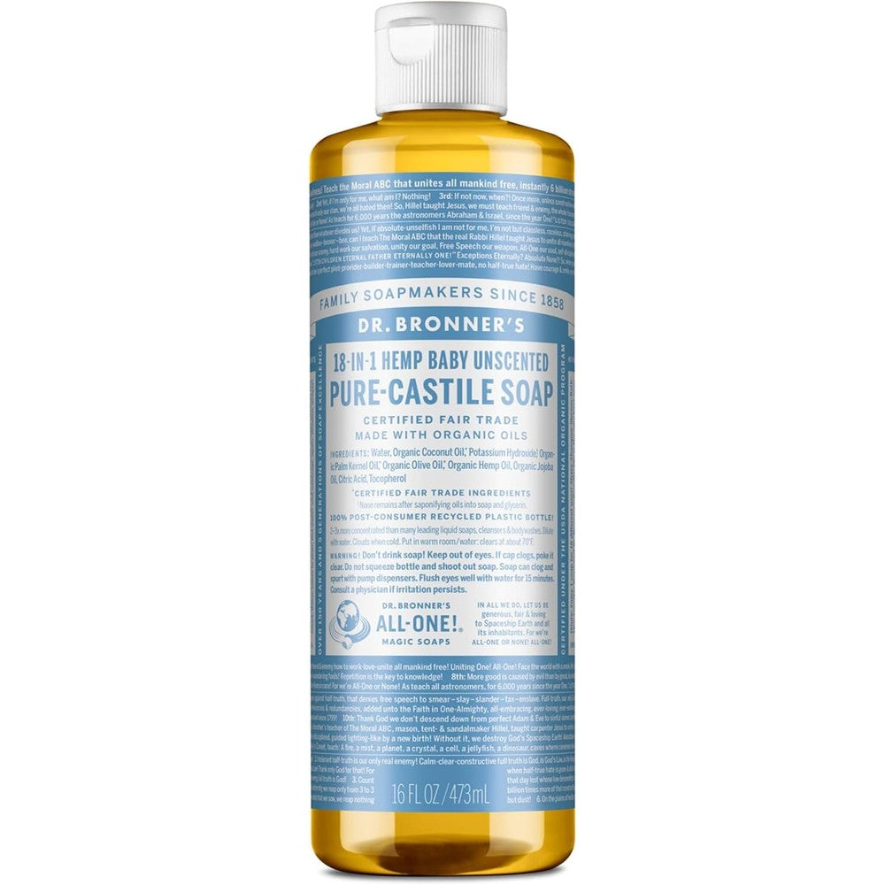 Dr. Bronner's Pure-Castile Magic Soap Liquid Baby Unscented 16 Ounce front view showing authentic product label.