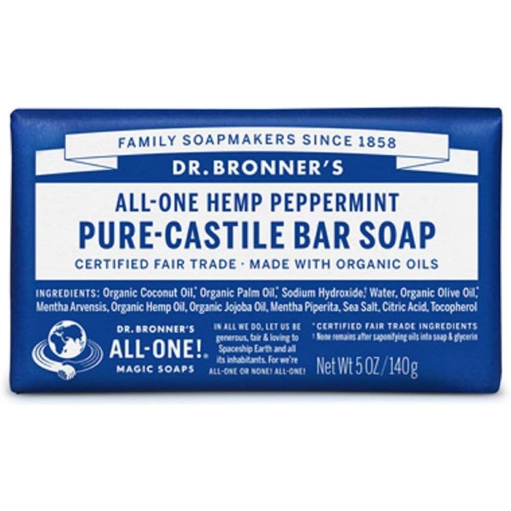 Dr. Bronner's Peppermint Pure-Castile Bar Soap eight pack front view showcasing authentic packaging