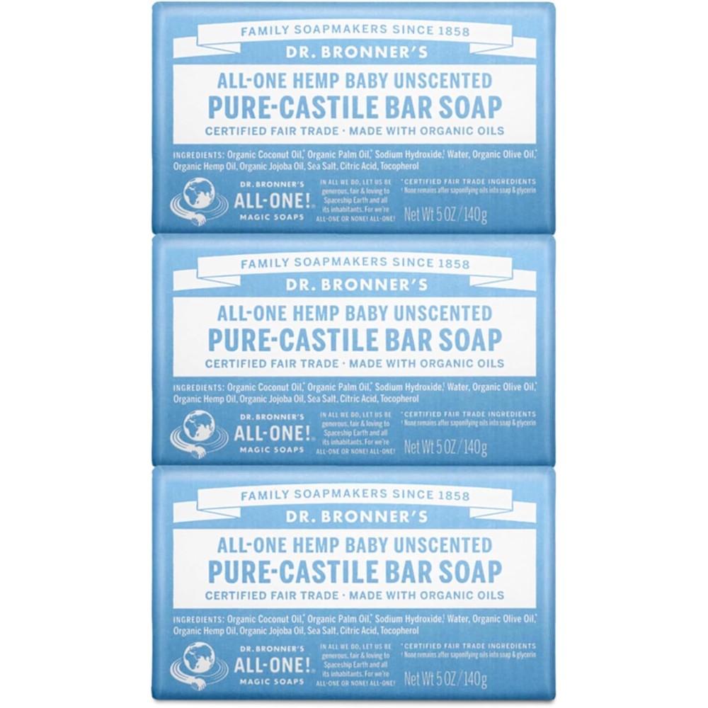 Dr. Bronner's Pure-Castile Bar Soap Baby Unscented pack of 3 front view showing organic ingredients.