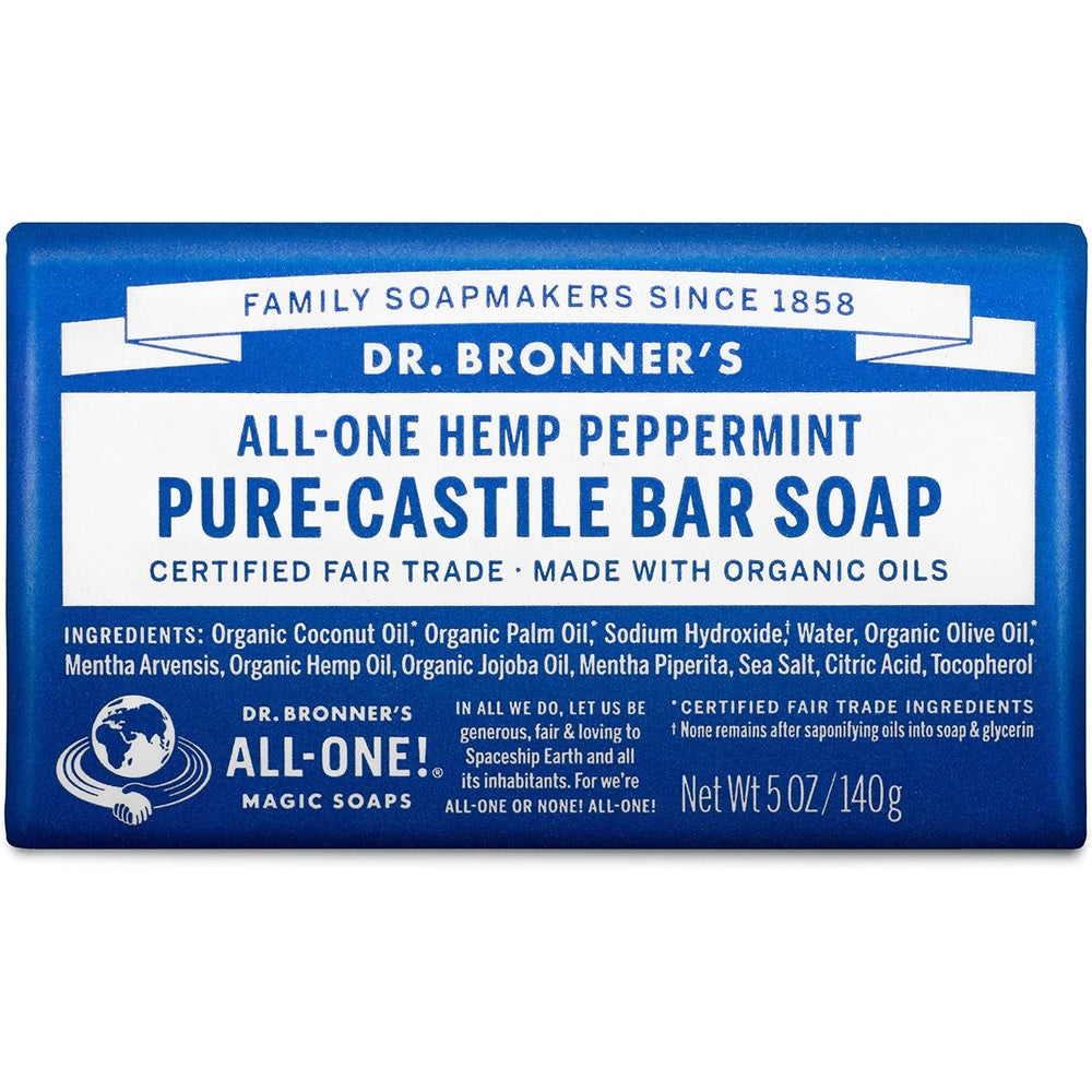 Dr. Bronner's Peppermint Castile Bar Soap front view packaging