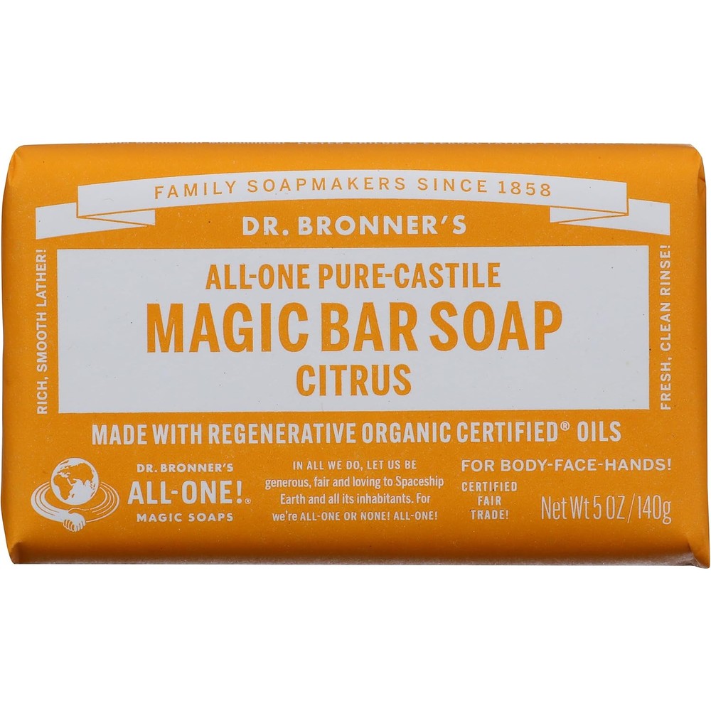 Dr. Bronner's Citrus Pure-Castile Bar Soap 5 Ounce front view showing authentic packaging.