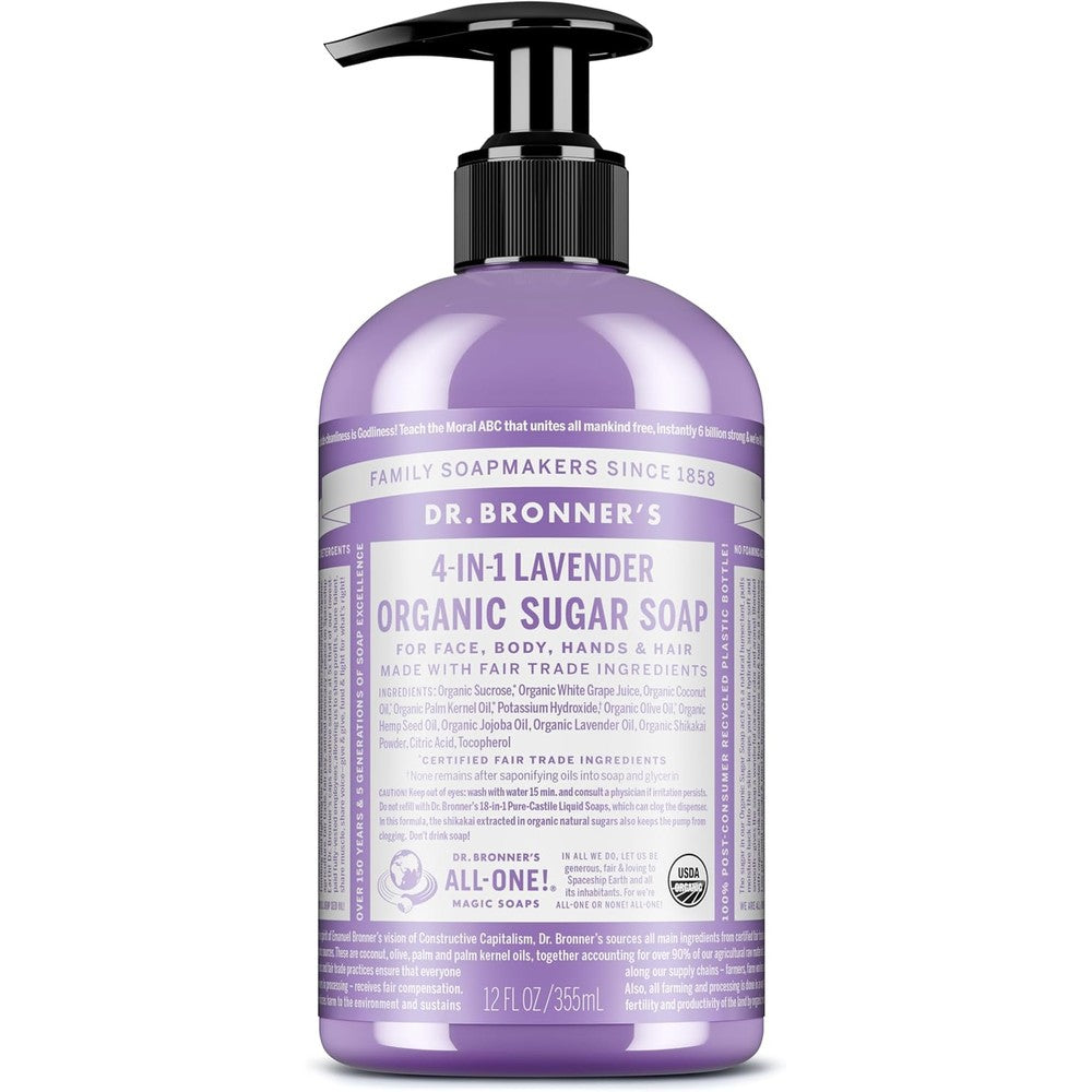 Dr Bronner's Organic Sugar Pump Soap Lavender front view genuine USA import