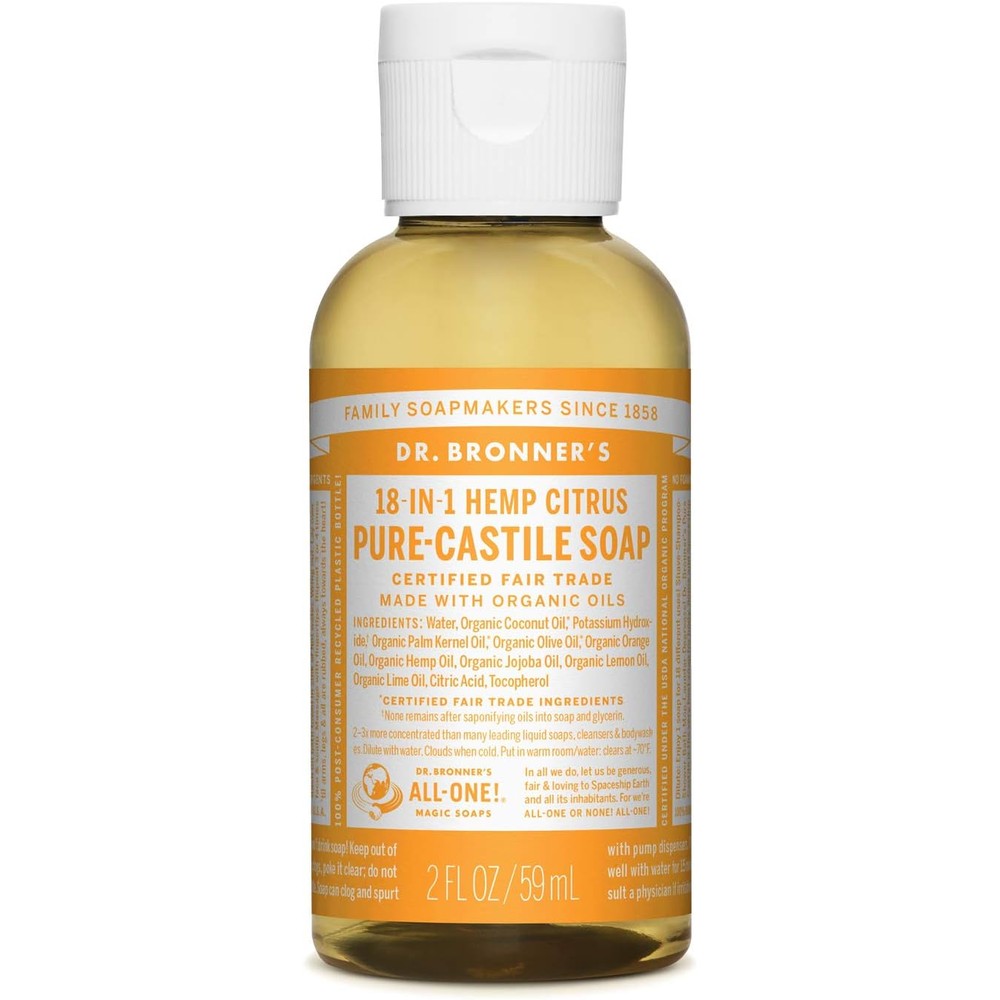 Dr Bronners Pure Castile Liquid Soap Citrus Two Ounce front view bottle showing product details