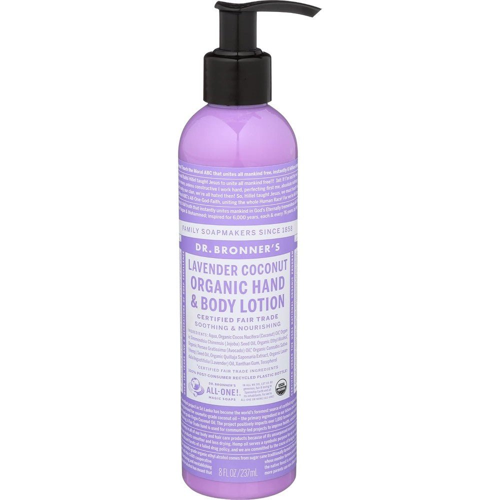 Dr. Bronner's Organic Hand and Body Lotion Lavender Coconut front view pump bottle daily moisturizer