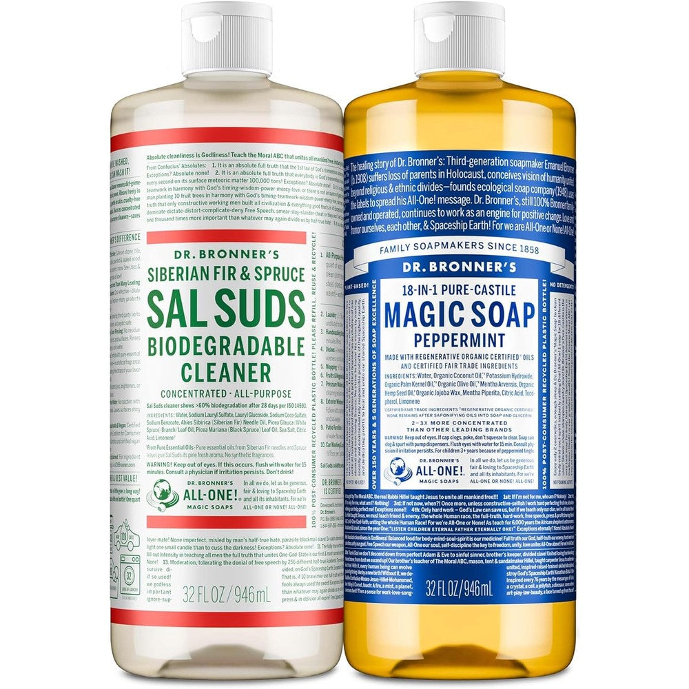Dr Bronners Pure Castile Soap Peppermint and Sal Suds Pack front view authentic product