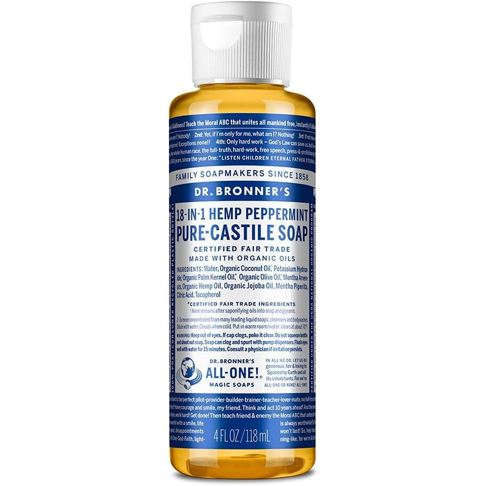 Dr. Bronner's Peppermint Pure-Castile Liquid Soap 4 Ounce bottle front view