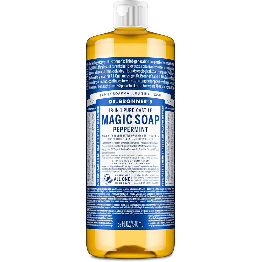 Dr. Bronner's Pure Castile Liquid Soap Peppermint thirty two ounce bottle front view