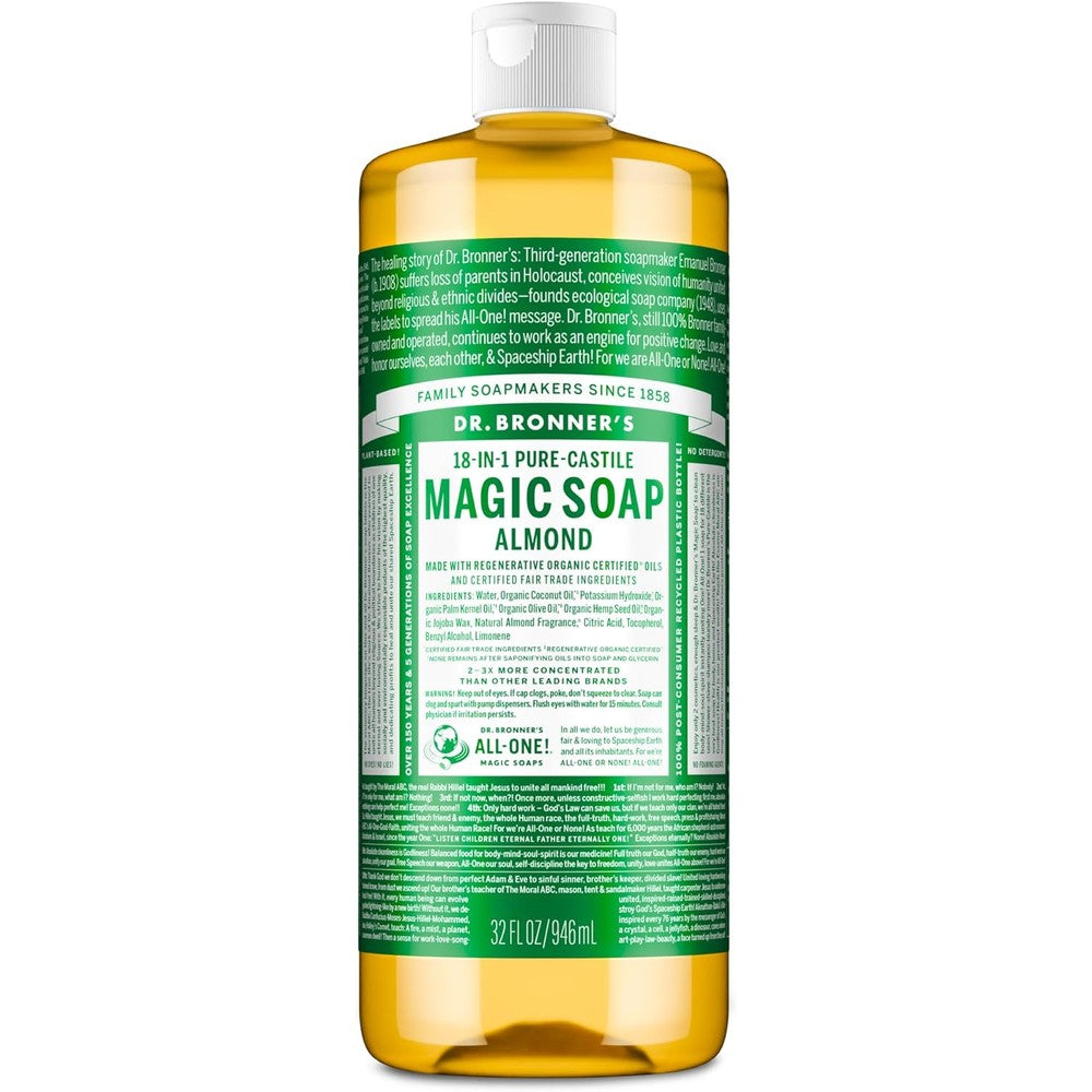 Dr. Bronner's Almond Pure-Castile Magic Soap Liquid 32 Ounce front bottle view showing 18-in-1 benefits.