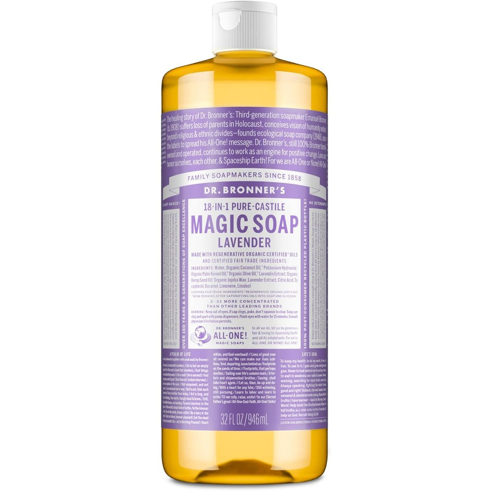 Dr. Bronner's Lavender Pure-Castile Liquid Soap 32 Ounce bottle front view showing organic certifications