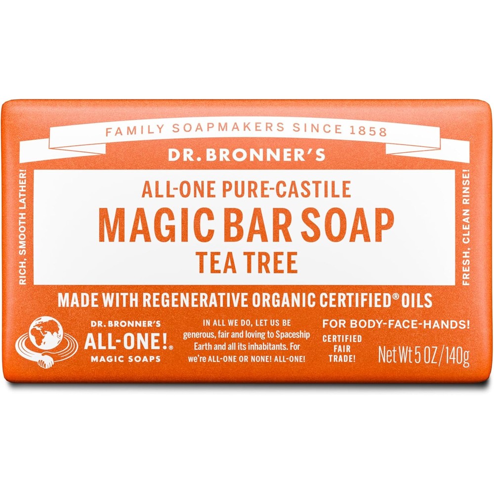 Dr. Bronner's Pure-Castile Magic Bar Soap Tea Tree front packaging on a clean background.