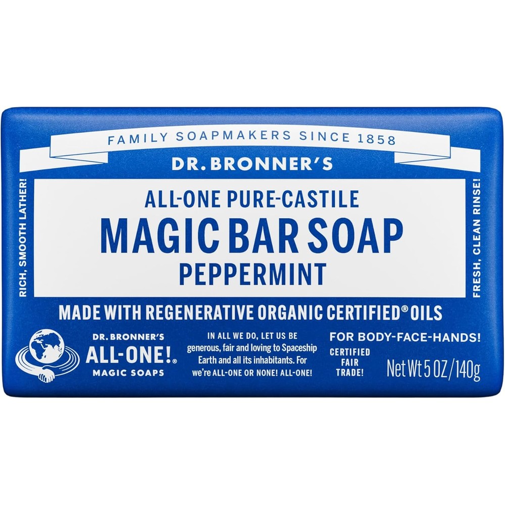Dr. Bronner's Pure-Castile Magic Bar Soap Peppermint front view packaging for organic body wash