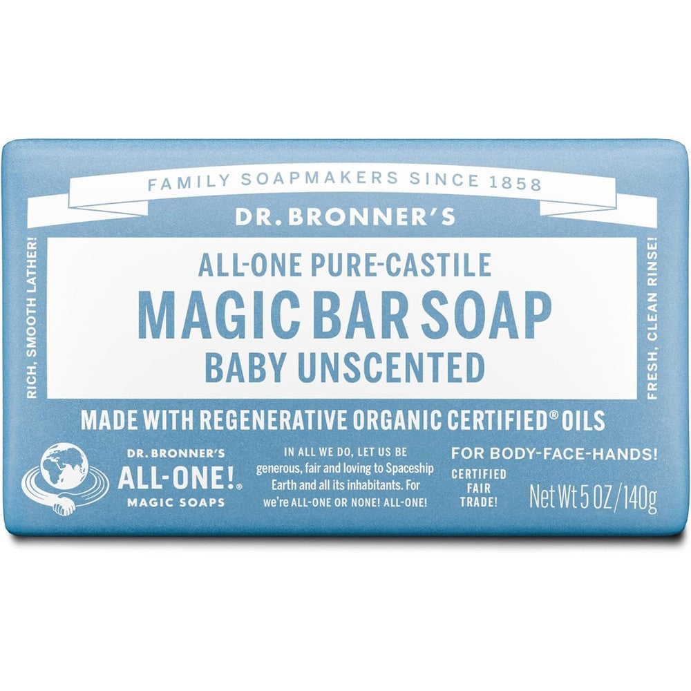 Dr Bronner's Baby Unscented Pure Castile Magic Bar Soap front view packaging