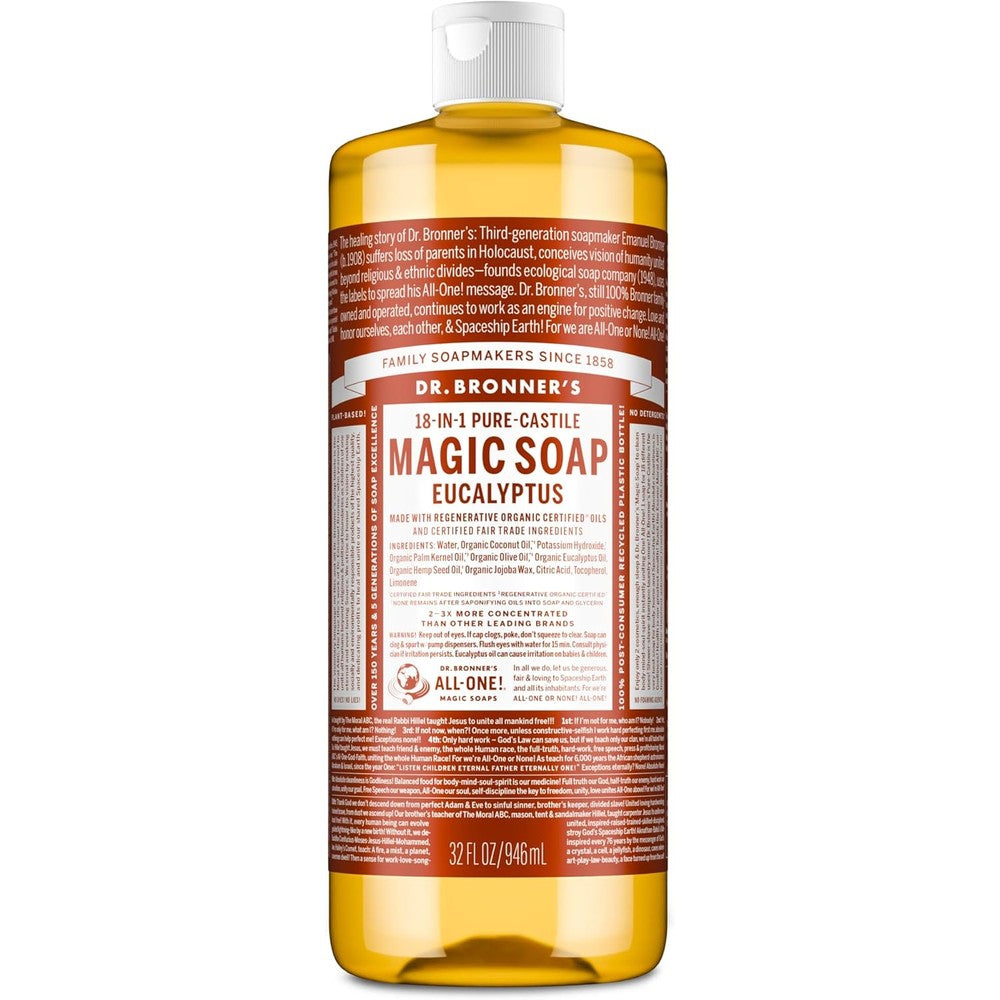 Dr. Bronners Pure Castile Magic Soap Liquid Eucalyptus 32 Ounce front view authentic imported packaging