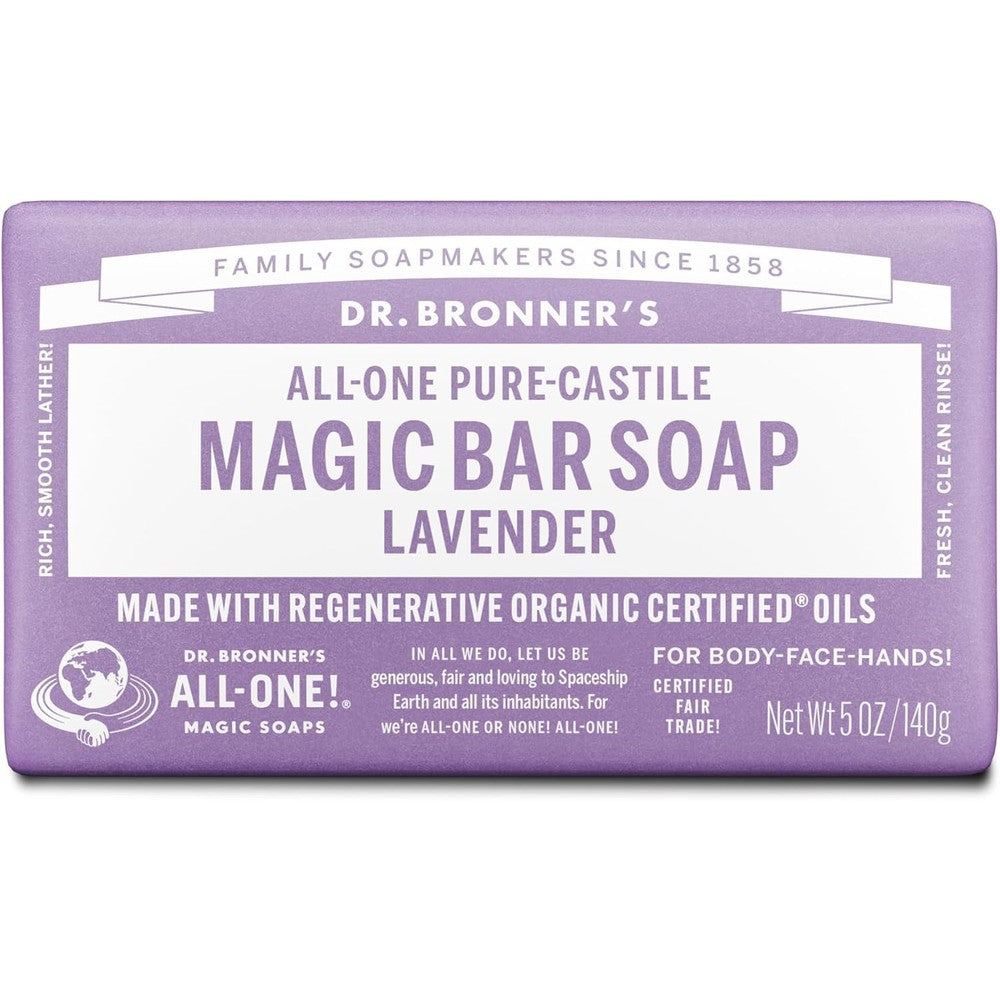 Dr. Bronner's Pure-Castile Magic Bar Soap Lavender 5 Ounce front view package showing organic certification labels.