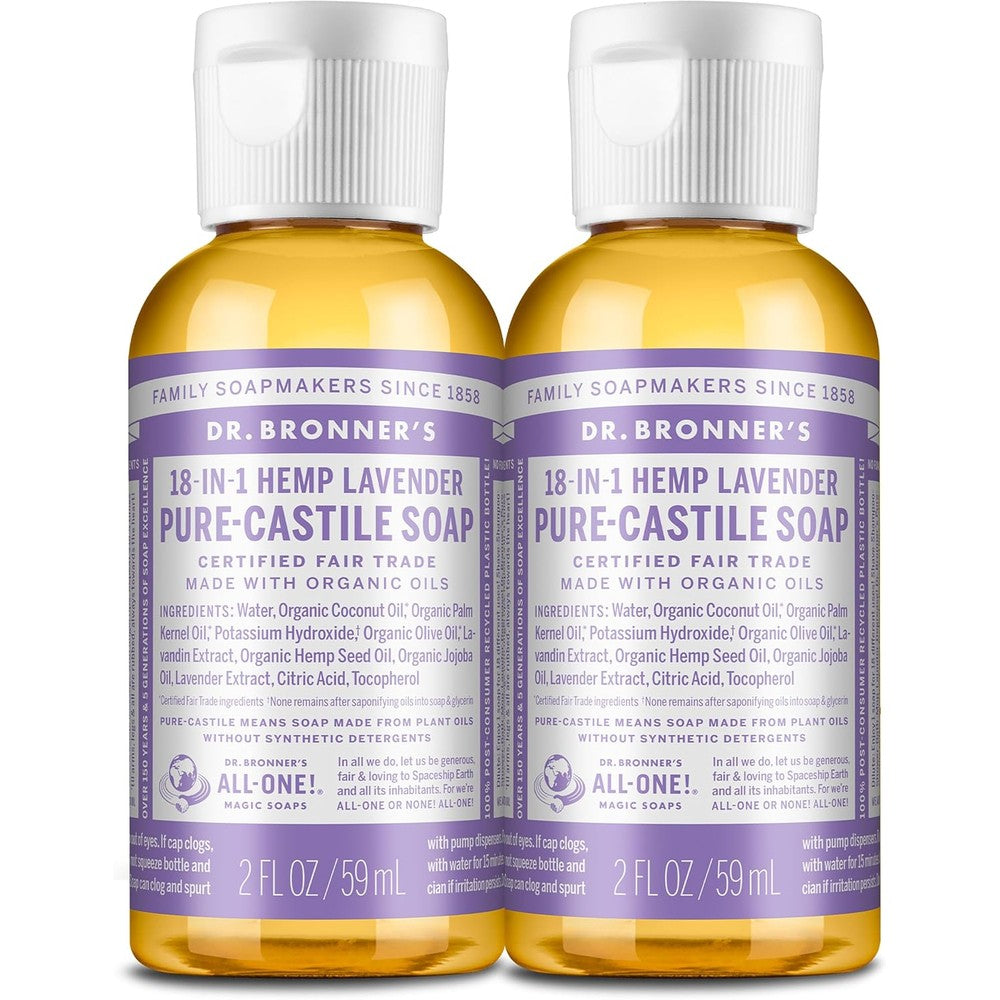 Dr. Bronner's Pure-Castile Liquid Soap Lavender two-pack front view showcasing organic certification labels.