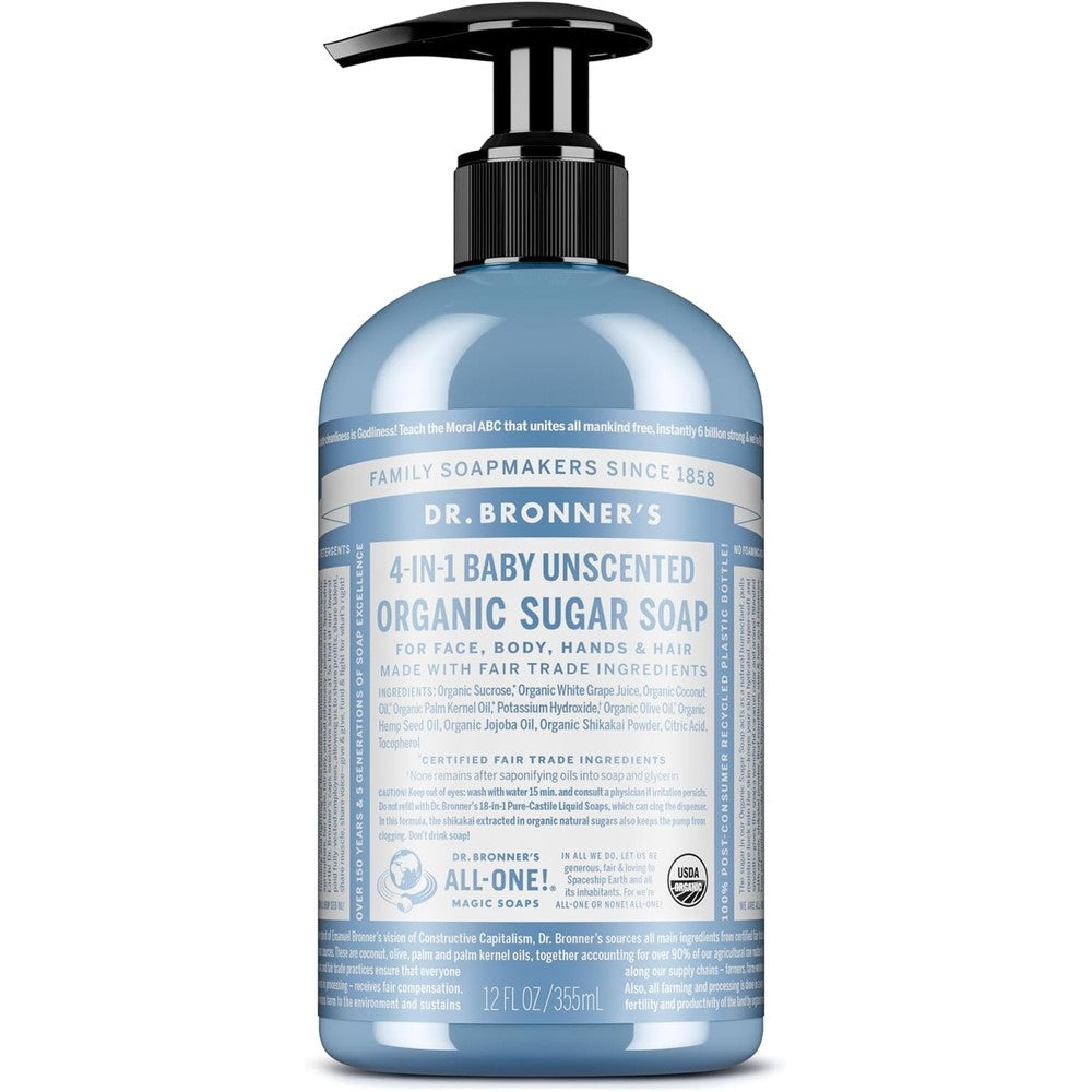 Dr. Bronner's Organic Sugar Soap Baby Unscented 12 Ounce bottle front view showing authentic USA packaging.
