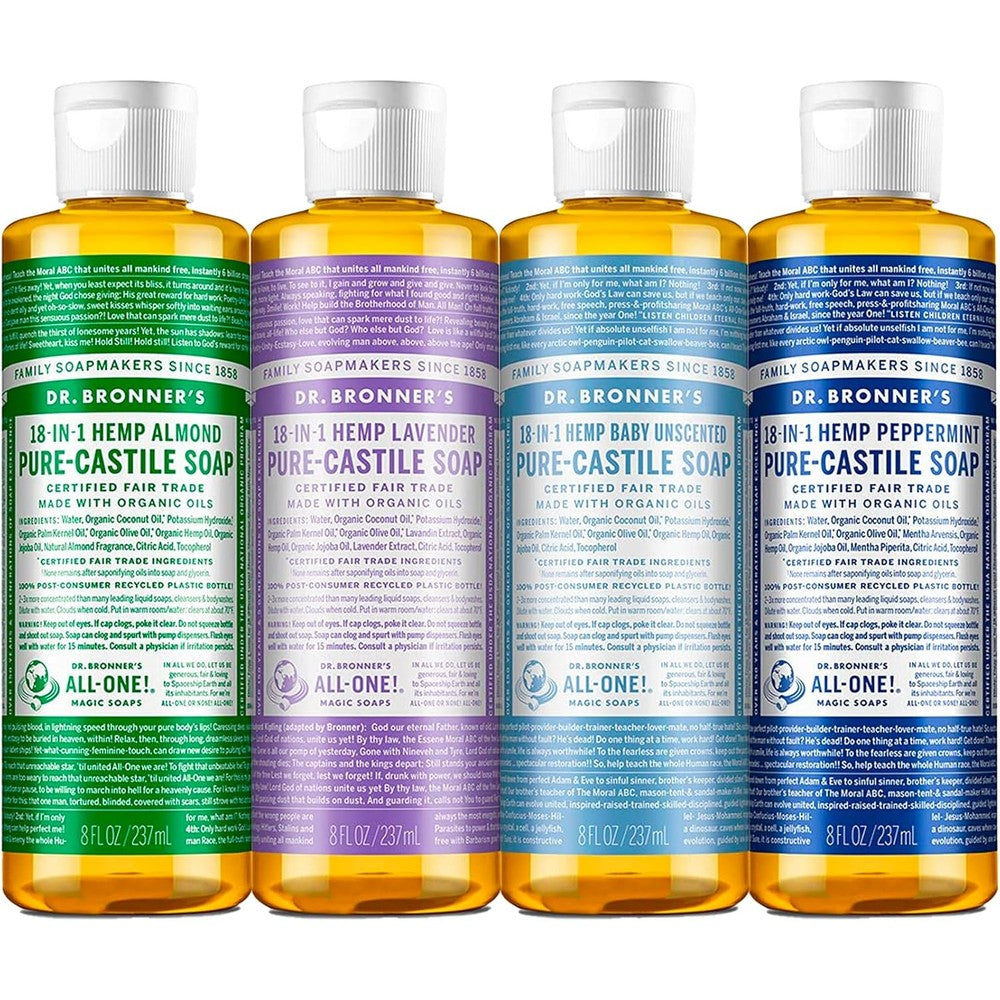 Dr. Bronner's Pure-Castile Liquid Soap Variety Pack front view showing four authentic imported bottles