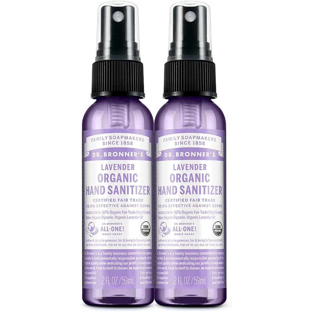 Dr. Bronner's Organic Hand Sanitizer Spray Lavender front view two pack bundle