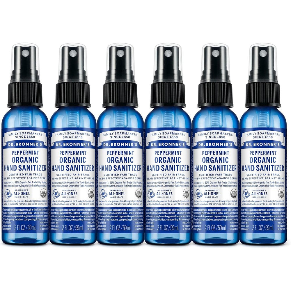 Dr. Bronner's Organic Hand Sanitizer Peppermint six pack front view showcasing travel size bottles.