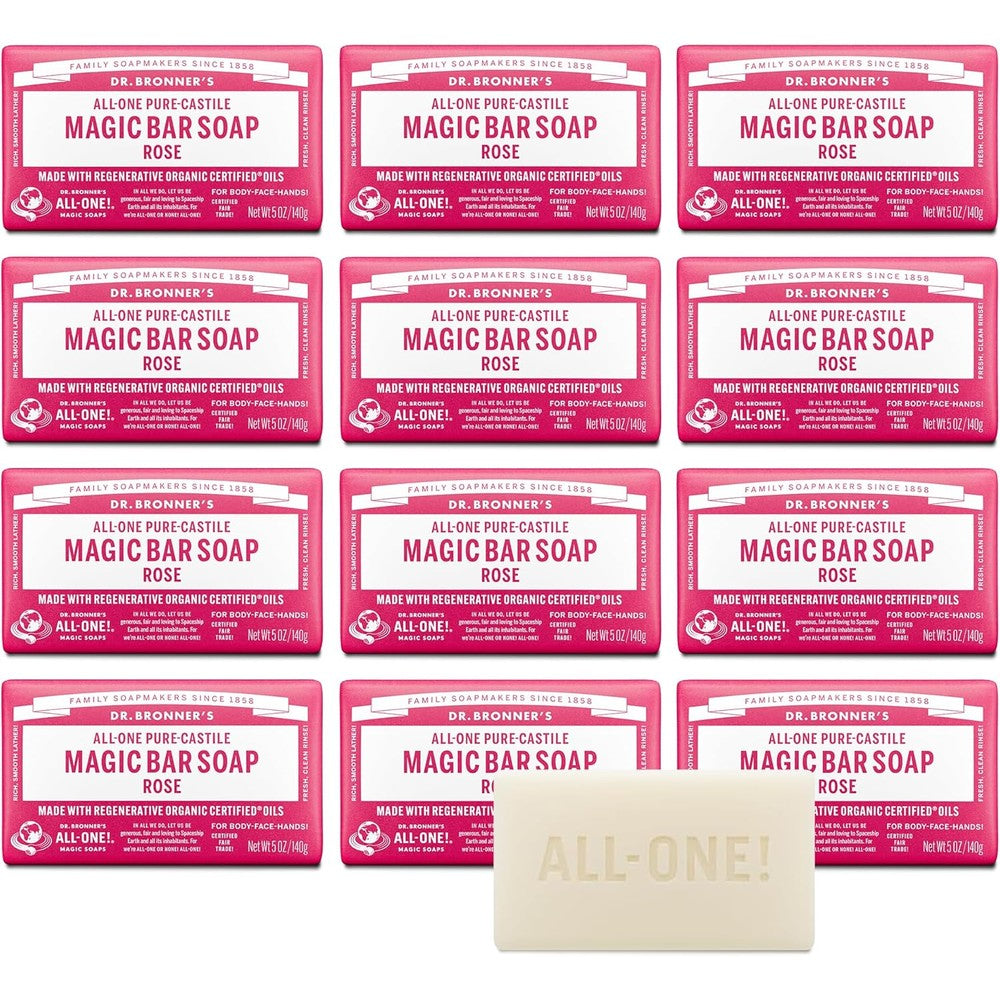 Dr. Bronner's Pure-Castile Magic Bar Soap Rose front view showing organic packaging.