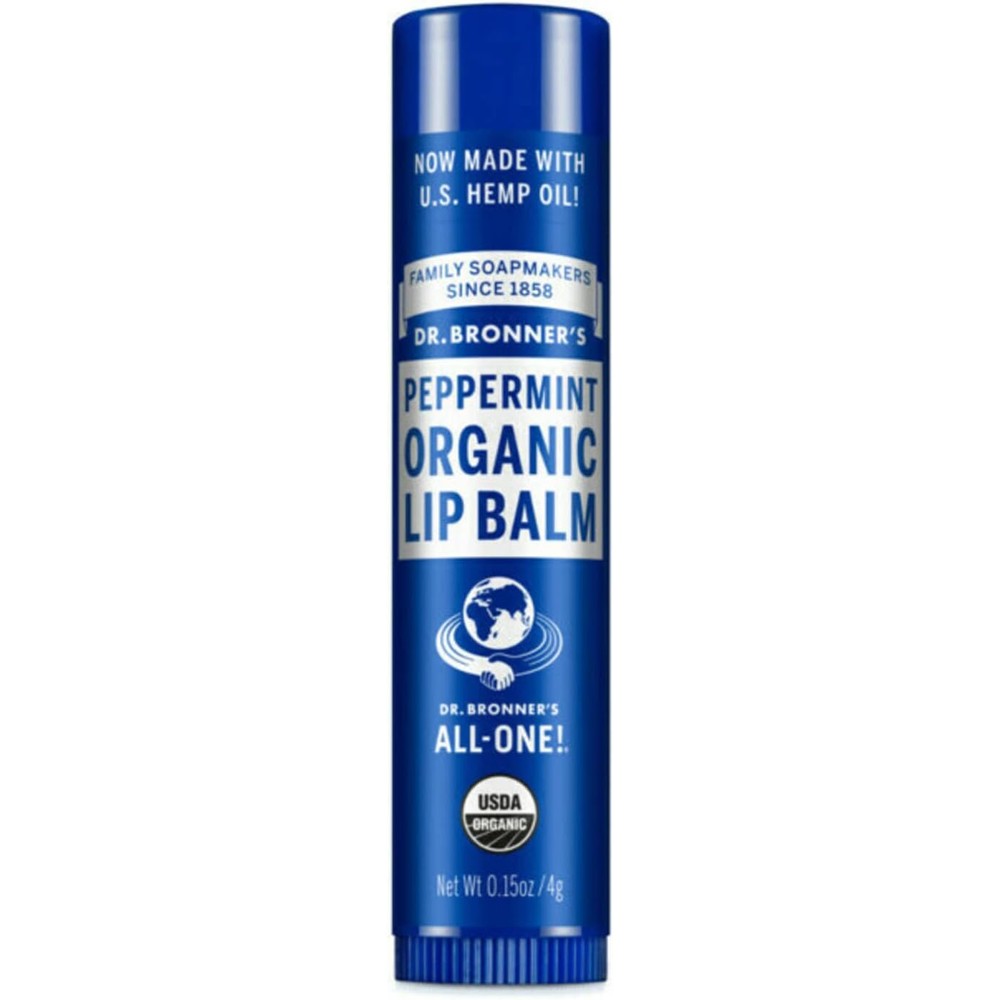 Dr. Bronner's Organic Peppermint Lip Balm blue tube front view for dry lip protection