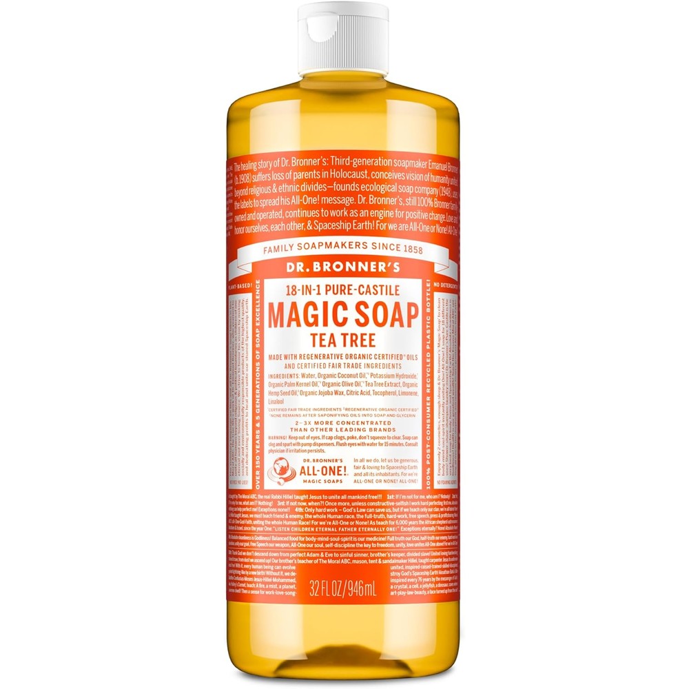 Dr. Bronner's Pure-Castile Magic Soap Liquid Tea Tree 32 Ounce front view bottle for organic body wash