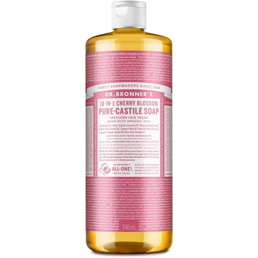 Dr. Bronner's Cherry Blossom 18-in-1 Pure-Castile Magic Liquid Soap 32 Ounce front bottle view