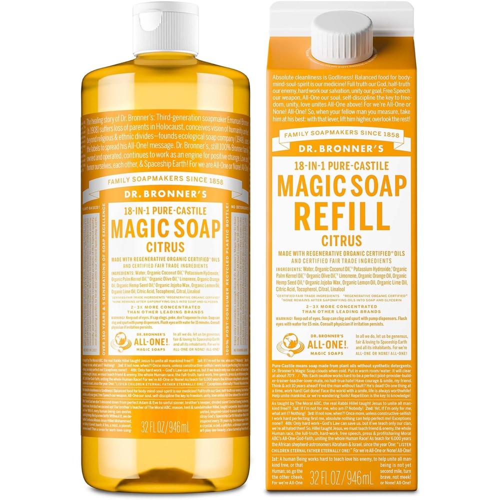 Dr Bronners Pure Castile Magic Soap Liquid Citrus front view showing thirty two ounce bottle and eco friendly refill carton