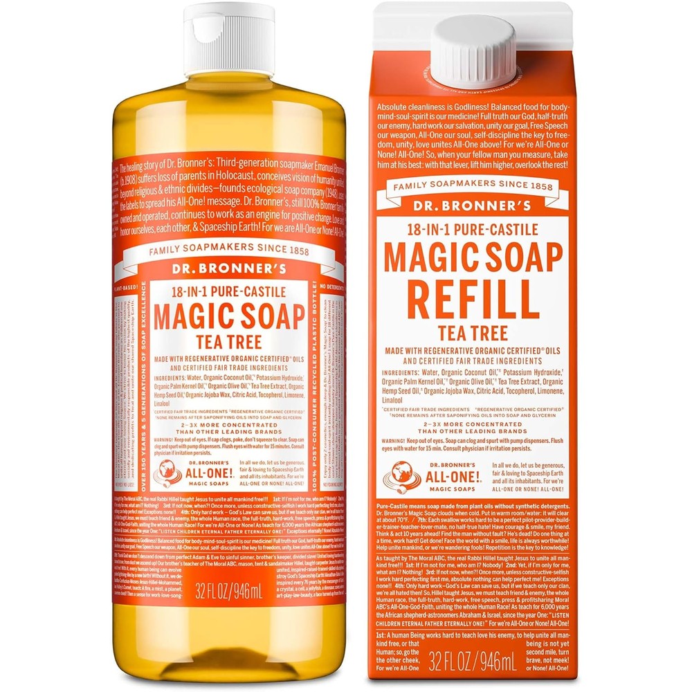 Dr Bronners Pure Castile Magic Soap Liquid Tea Tree front view showcasing thirty two ounce bottle and eco friendly refill carton packaging
