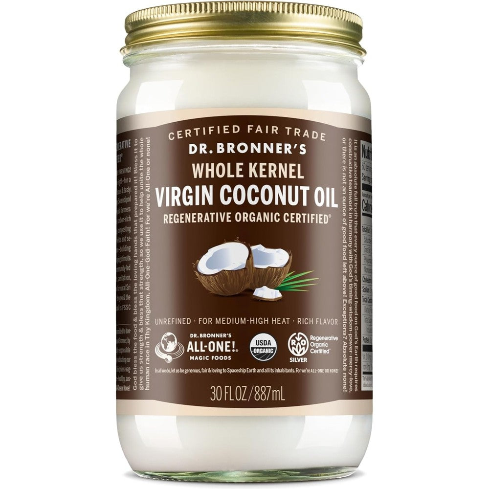 Dr Bronners Organic Virgin Coconut Oil Whole Kernel 30 Ounce jar front view showing organic and fair trade labels