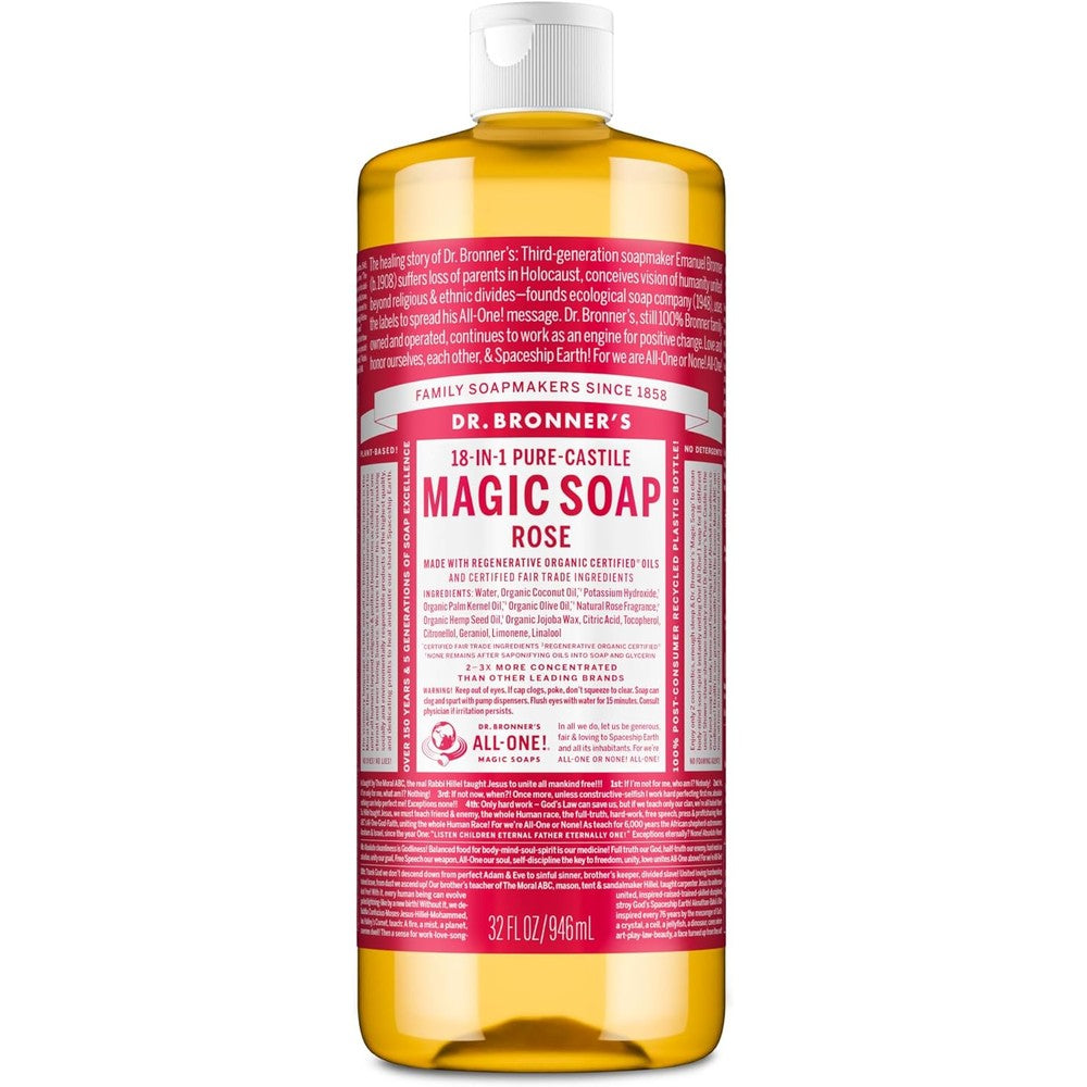 Dr. Bronner's Magic Soap Pure-Castile Liquid Soap Rose 32 Ounce front bottle view.
