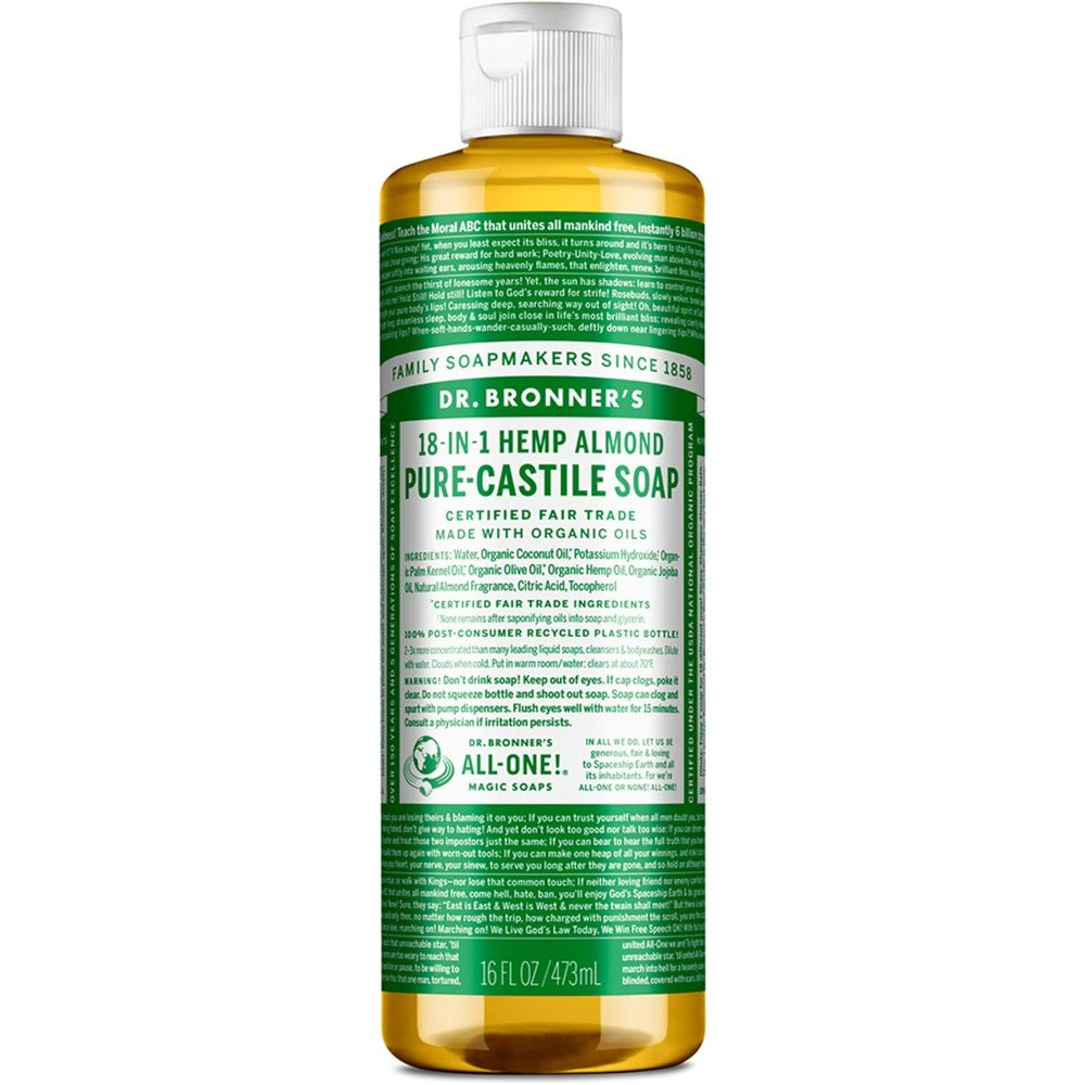 Dr. Bronner's Pure-Castile Magic Soap Liquid Almond 16 Ounce front view showing authentic imported packaging.