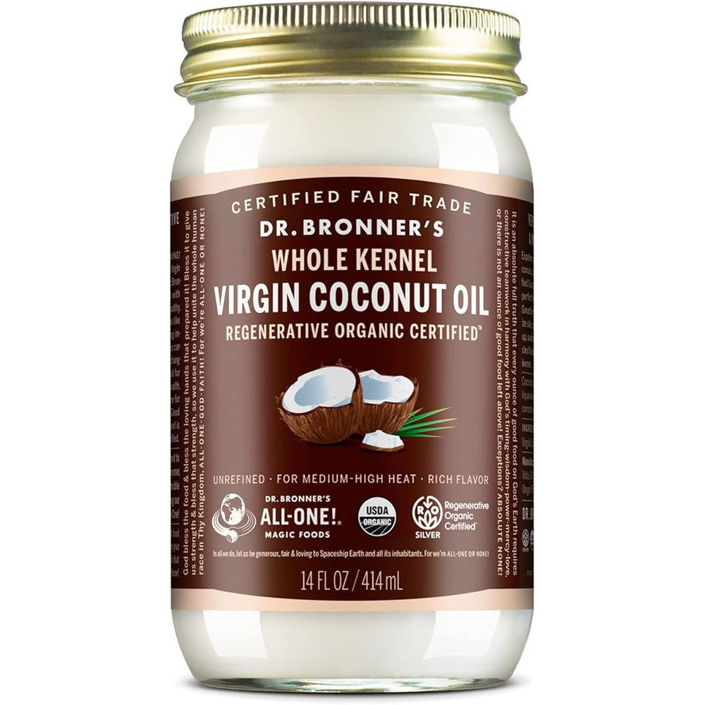 Dr. Bronner's Organic Virgin Coconut Oil Whole Kernel 14 Ounce front view jar showing authentic USA packaging