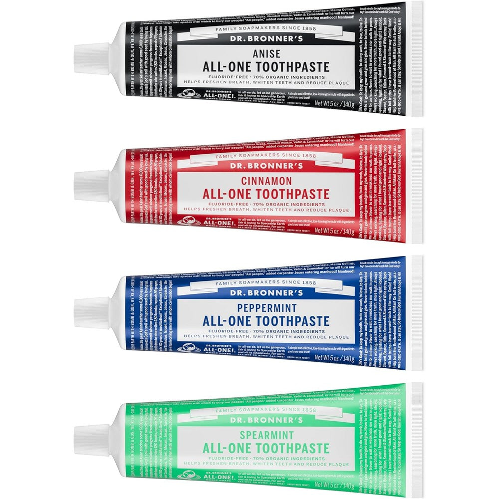 Dr. Bronner's All-One Toothpaste Variety Pack front view showing four flavor boxes