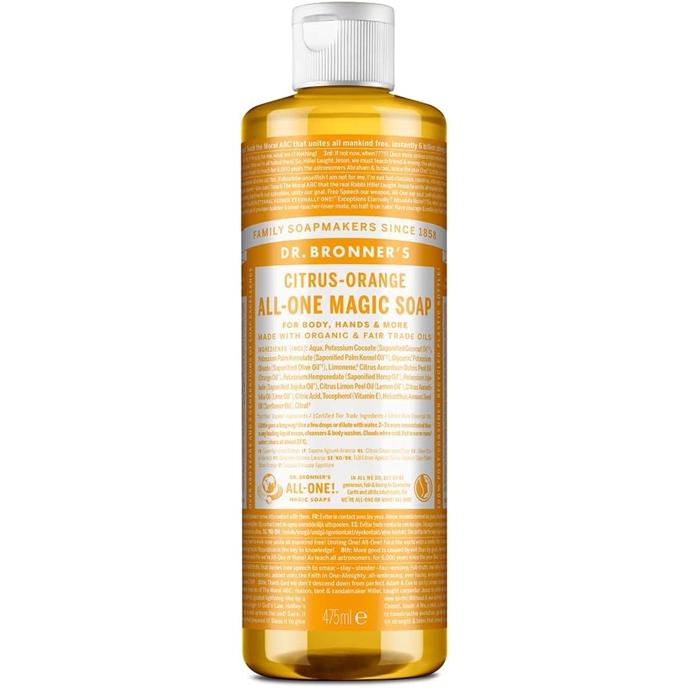Dr. Bronner's Citrus Pure-Castile Liquid Soap 16 ounce front view authentic USA imported multi-purpose wash