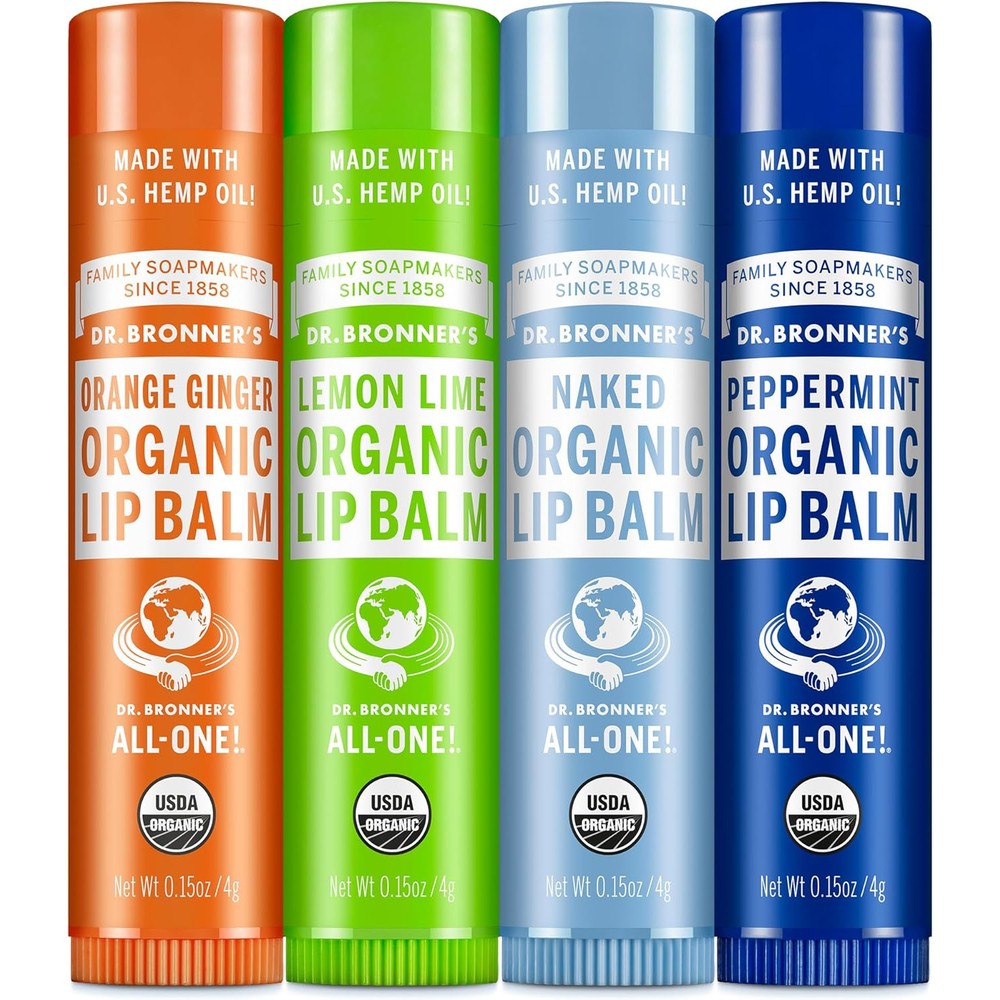 Dr. Bronner's Organic Lip Balm Variety Pack front view showing four assorted flavors.
