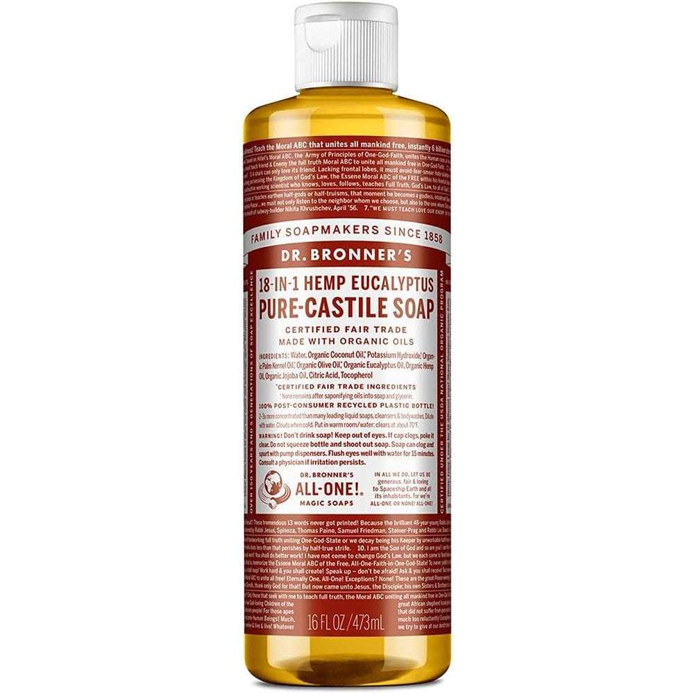 Dr. Bronner's Pure-Castile Magic Soap Liquid Eucalyptus 16 Ounce front view authentic multi-purpose organic liquid cleanser