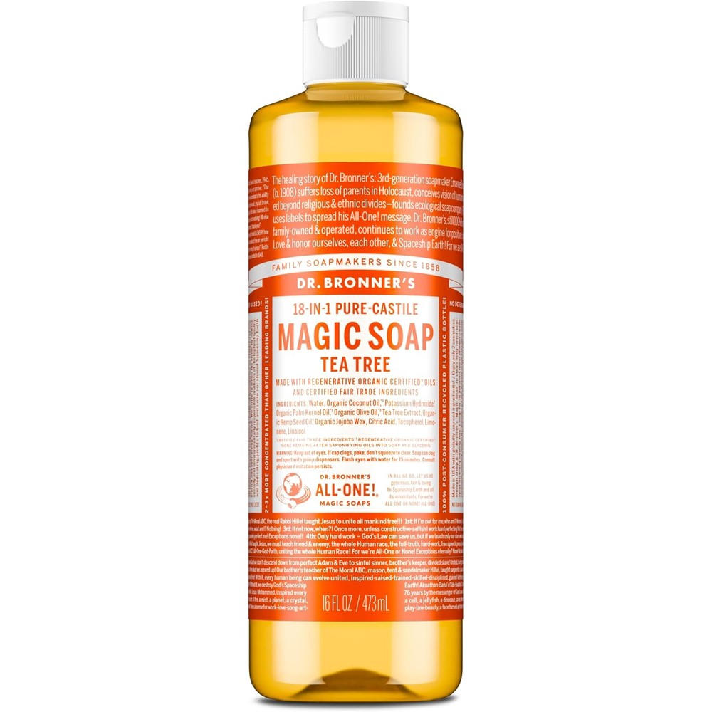 Dr Bronners Pure Castile Liquid Soap Tea Tree 16 Ounce front view bottle showcasing organic ingredients