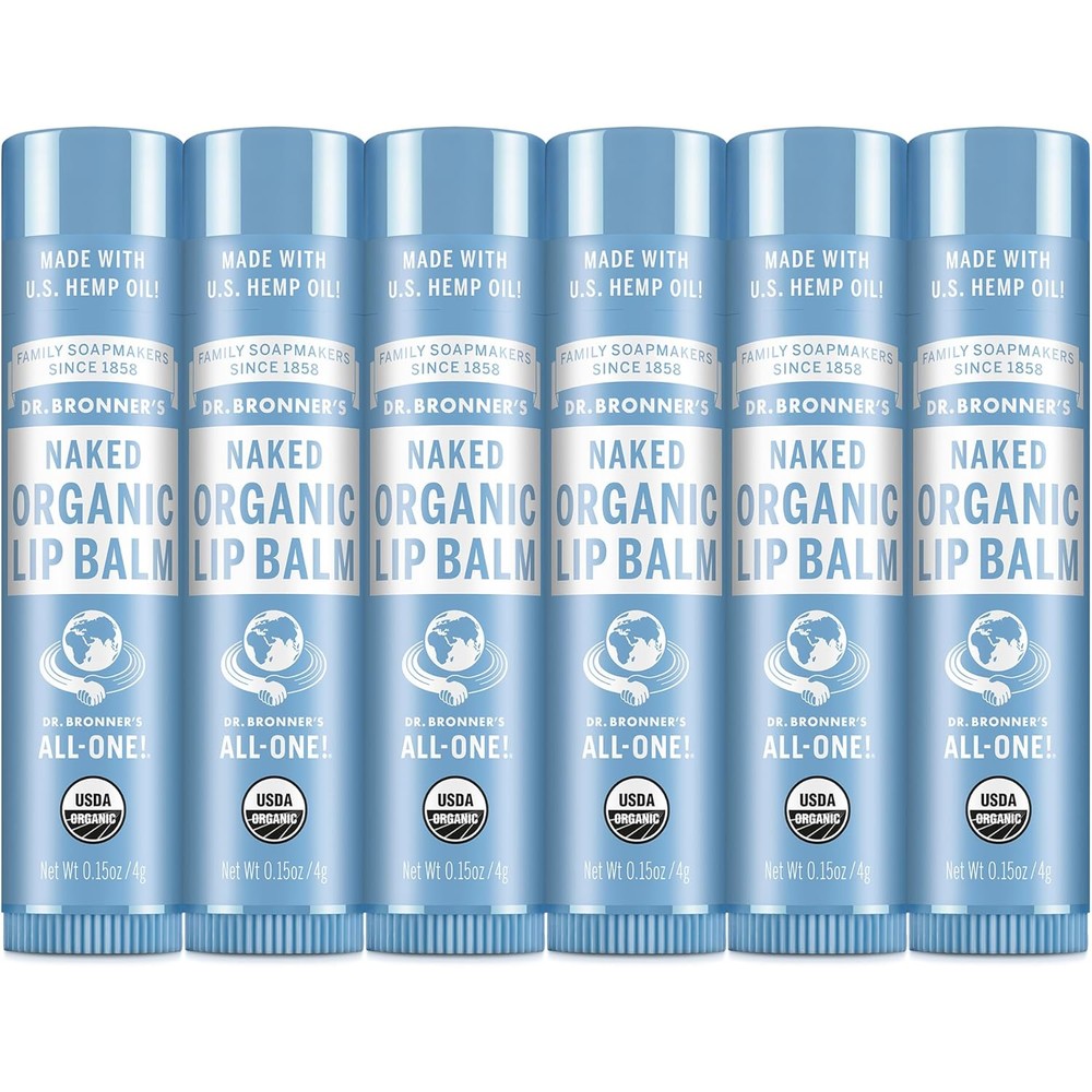 Dr. Bronner's Organic Lip Balm Unscented 6 Pack front view showing packaging for dry skin
