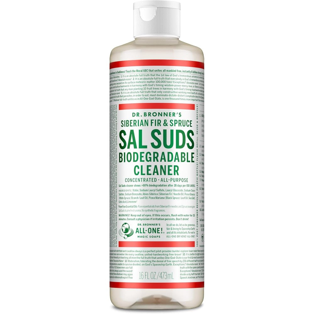 Dr. Bronner's Sal Suds Biodegradable Cleaner front view of sixteen ounce bottle all purpose household concentrate