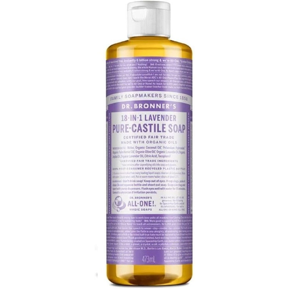 Dr. Bronner's Lavender Pure-Castile Liquid Soap 16 Ounce front view bottle showcasing the iconic purple label.