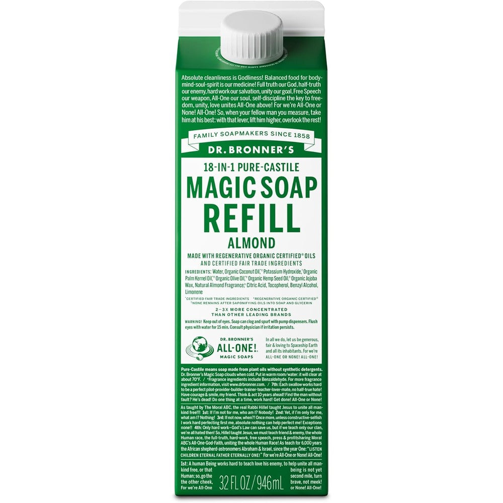 Dr. Bronner's Magic Soap Pure-Castile Liquid Soap Refill Almond 32 Ounce front view carton packaging