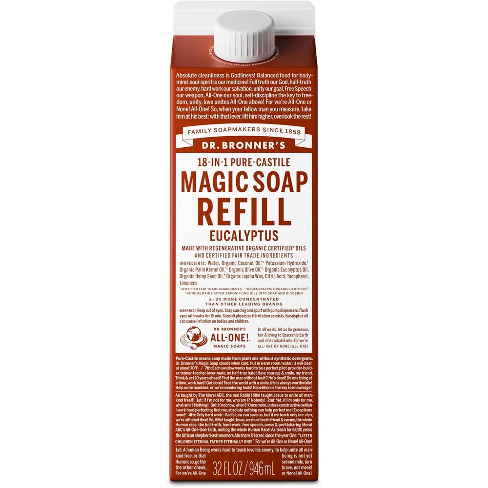 Dr. Bronner's Magic Pure Castile Liquid Soap Refill Eucalyptus 32 Ounce front view carton packaging