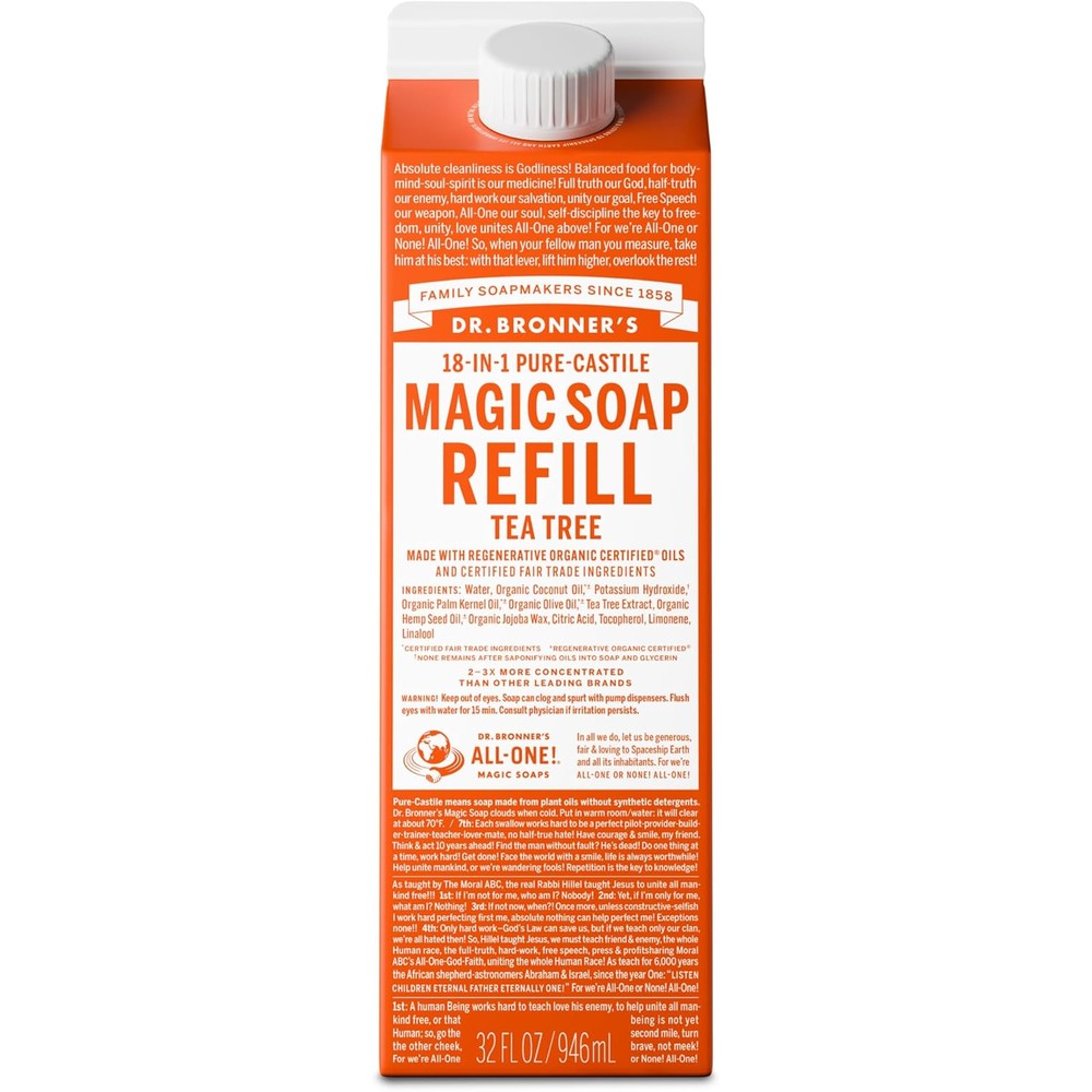 Dr. Bronner's Pure Castile Liquid Soap Refill Tea Tree front view carton packaging