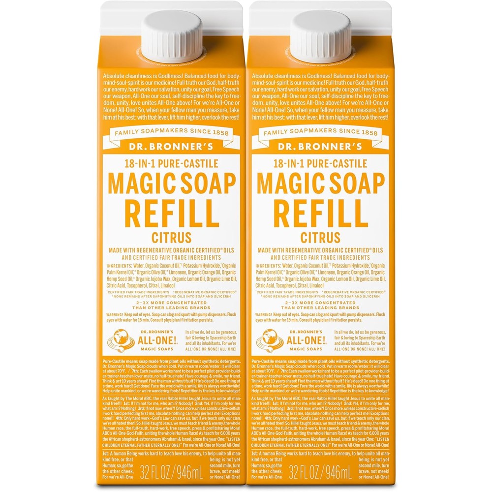 Dr. Bronner's Citrus Pure-Castile Liquid Soap Refill two-pack front view showcasing the eco-friendly carton design.