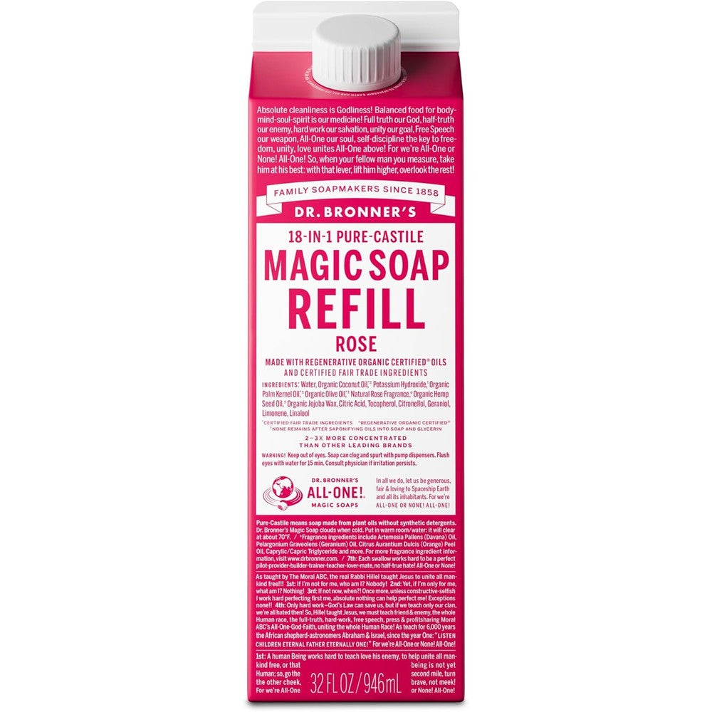 Dr. Bronner's Magic Pure Castile Liquid Soap Refill Rose 32 Ounce front view package